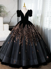 Black Velvet Sequins Short Sleeve Quinceanera Dress