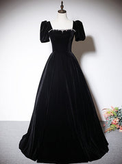 Black Velvet Short Sleeve Square Neck Crystal Prom Dress