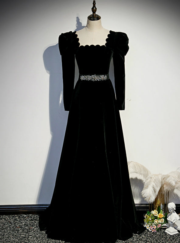 Black Velvet Square Long Sleeve Prom Dress With Belt