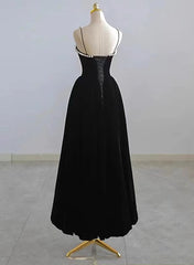 Black Velvet Straps Tea Length Party Dress, Black Velvet Homecoming Dress