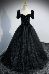 Black Velvet Tulle Long Ball Gown, Black A-Line Formal Evening Gown