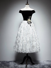 Black White Velvet Off the Shoulder Appliques Prom Dress