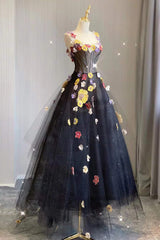 A Line Black Tulle Prom Dress with Flowers Puffy Quinceanera Dresses