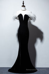 Black Velvet Mermaid Prom Dress with Feather, Off the Shoulder Long Evening Gown