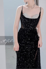 Black Mermaid Sequins Prom Dress Spaghetti Straps Sleeveless Beading Party Gown