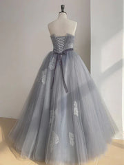 A Line Strapless Appliques Gray Tulle Long Prom Dress Evening Dress