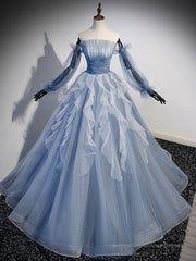 Blue A-Line Tulle Lace Long Prom Dresses, Blue Formal Evening Dresses