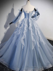 Blue A-Line Tulle Lace Long Prom Dresses, Blue Formal Evening Dresses