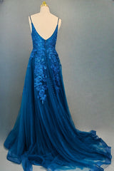 Blue A-line V Neck Prom Dresses Spaghetti Straps Sweep Train Tulle Evening Dresses With Appliqued