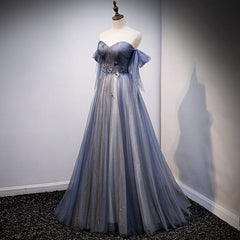 Blue and Grey Tulle Long Sweetheart  Party Dress, Tulle A-line Formal Dress