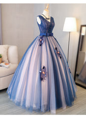 Blue and Pink Flower Lace Applique V-neckline Sweet 16 Gown, Floor Length Formal Dresses