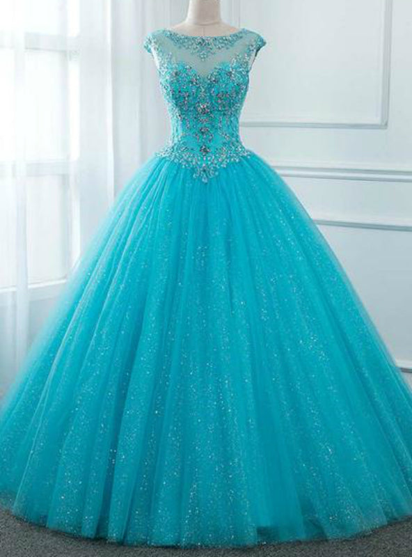 Blue Ball Gown Tulle Backless Long Quinceanera Dresses With Crystal