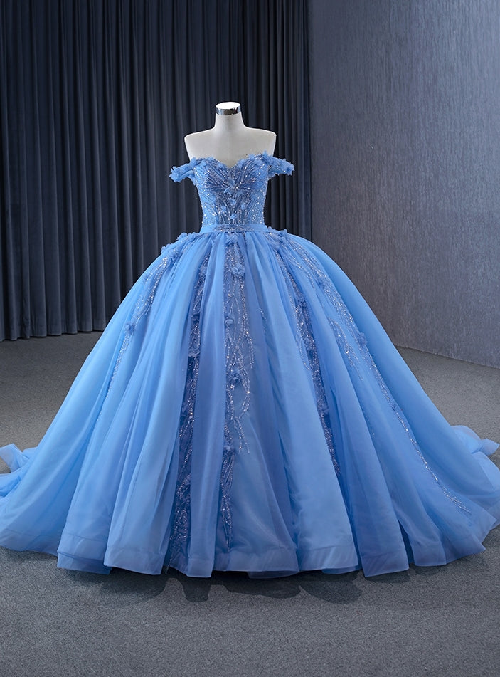 Blue Ball Gown Tulle Off the Shoulder Sequins Appliques Prom Dress