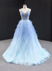 Blue Ball Gown Tulle Spaghetti Straps Beading Prom Dress