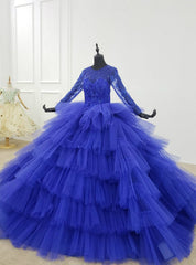 Blue Ball Gown Tulle Tiers Long Sleeve Beading Wedding Dress