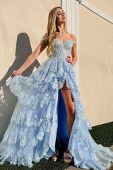 Blue Corset Tiered Lace Prom Dress with Slit