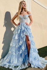 Blue Corset Tiered Lace Prom Dress with Slit