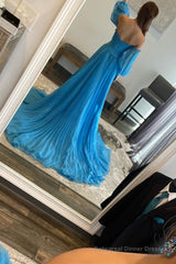 Blue Detachable Sleeves Cut-Out Long Prom Dress with Beading