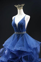 Blue Glitter Tulle Long A-Line Prom Dress, V-Neck Spaghetti Strap Backless Evening Party Dress