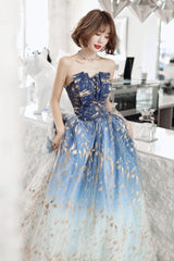 Blue Gradient Beaded A-line Floor Length Party Dress, Blue Tulle Prom Dress