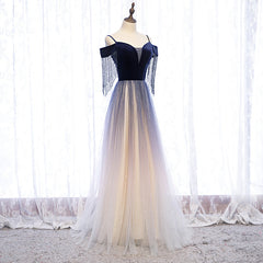 Blue Gradient Tulle Long Party Dresses,A-line Off Shoulder Formal Dresses