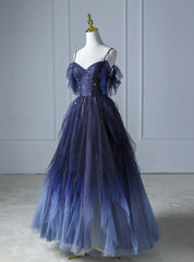 Blue Gradient Tulle Strapls Beading Prom Dress