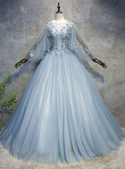 Blue Gray Tulle Flaying Sleeve Appliques Quinceanera Dress