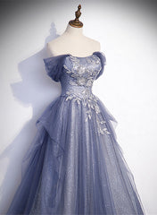 Blue-Grey Long A-line Off Shoulder Party Dress, New A-line Prom Dress Evening Dress