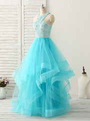 Blue High Neck Tulle Long Prom Dress Blue Evening Dress