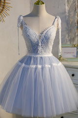 Blue Lace Short A-Line Prom Dress, Cute V-Neck Homecoming Party Dress