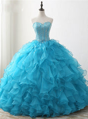 Blue Lace up Back Ball Gown Beading Crystal Birthday Dresses