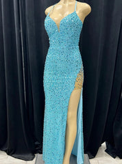 Blue Mermaid Sequins Split Prom Dress