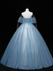 Blue Off-the-Shoulder Sequin Tulle Lace Sleeveless Lone Prom Dresses,Sweet 16 Gown