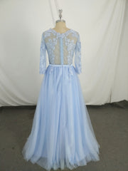 Blue Round Neck Tulle Lace Long Prom Dress, Blue Tulle Lace Evening Dress