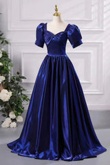 Blue Satin Floor Length Prom Dress, A-Line Short Sleeve Backless Evening Party Dress