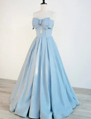 Blue Satin Long A-line Party Dress Prom Dress Blue Floor Length Evening Dress prom dresses shops