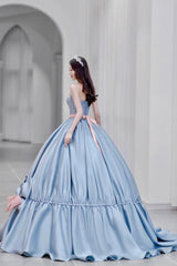 Blue Satin Long Princess Dress, Cute Short Sleeve Ball Gown Sweet 16 Dress