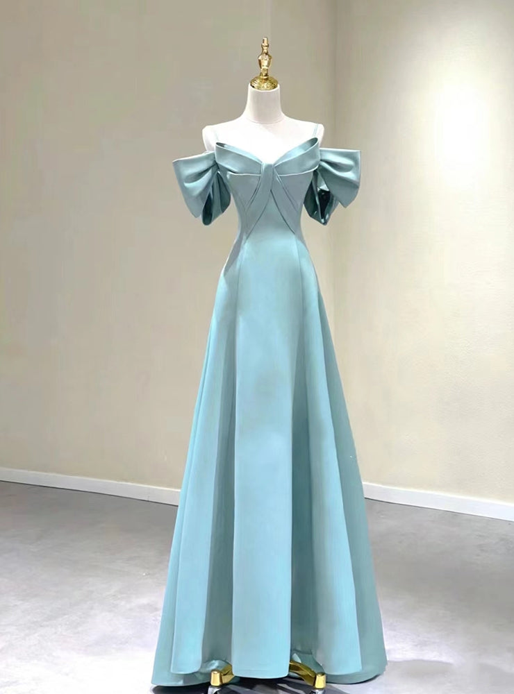 Blue Satin Spaghetti Straps Bow Prom Dress