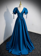 Blue Satin V-neck Short Sleeve Pleats Prom Dress