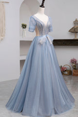 Blue Short Sleeve Tulle Floor Length Prom Dress with Beaded