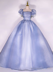 Blue Square Puff Sleeve Quinceanera Dress