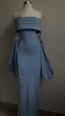 Blue Strapless Prom Dress Long Sleeve Bodycon Party Dress