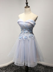 Blue Strapless Tulle Appliques Knee Length Homecoming Dress