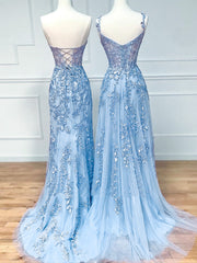 Blue Sweetheart Neck Lace Long Prom Dresses, Blue A-line Lace Graduation Dress