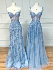 Blue Sweetheart Neck Lace Long Prom Dresses, Blue A-line Lace Graduation Dress