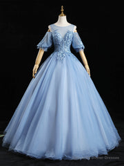 Blue Tulle Appliques Beading Short Sleeve Quinceanera Dress