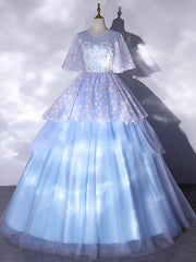 Blue Tulle Appliques Flying Sleeve Quinceanera Dress