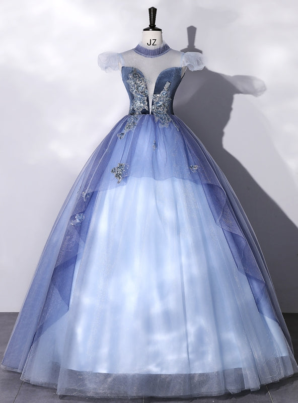 Blue Tulle Appliques See Through Back Quinceanera Dress