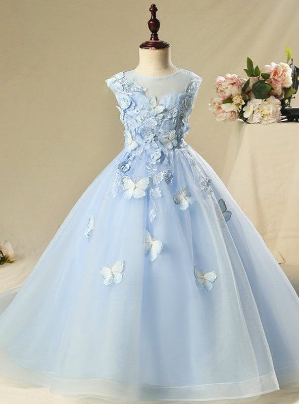 Blue Tulle Cap Sleeve Flowerr Girl Dress With Butterfly Appliques