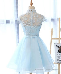 Blue tulle lace short prom dress, blue tulle lace homecoming dress